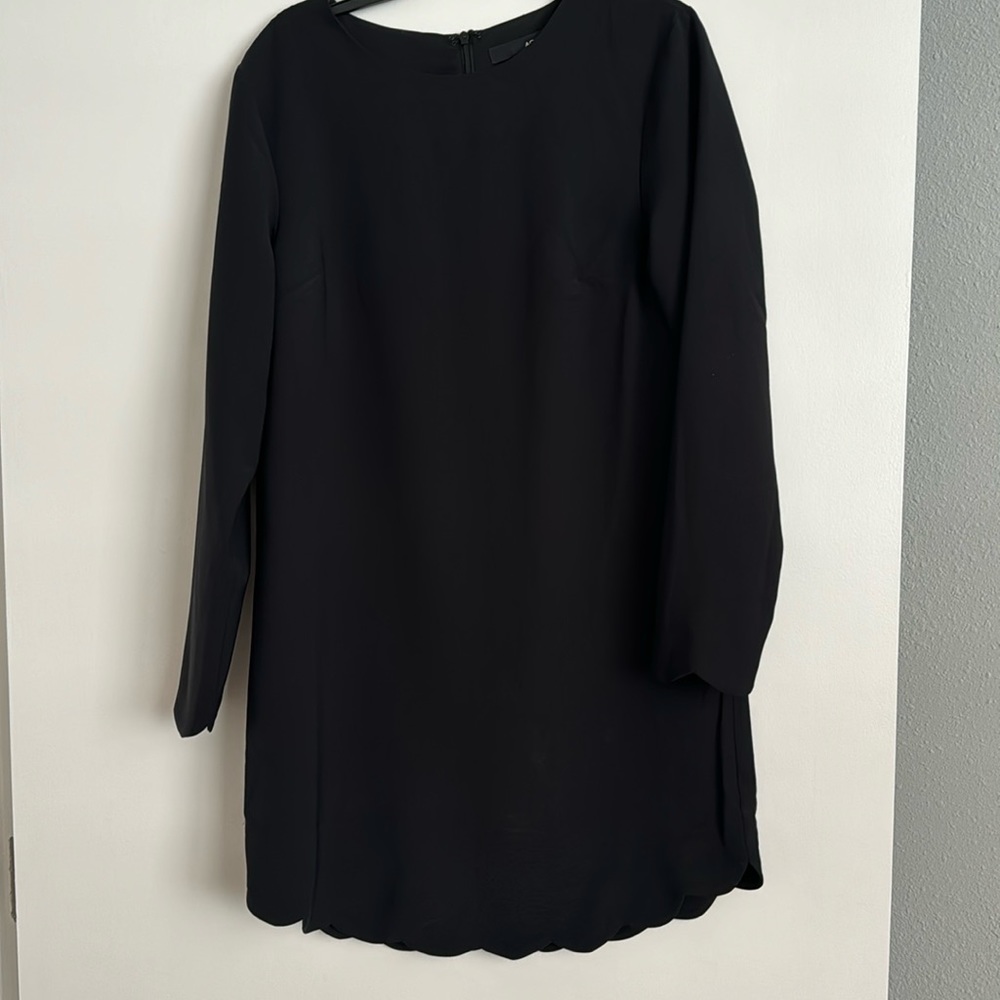 black long sleeve mini dress with scalloped hem